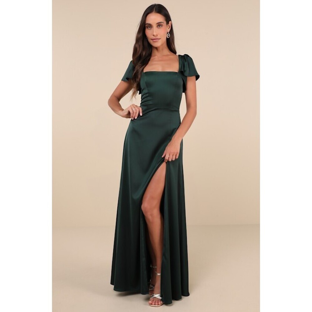 Lulus Ultimate Sweetness Emerald Green Satin Flutter Sleeve Maxi Dress - Size XS